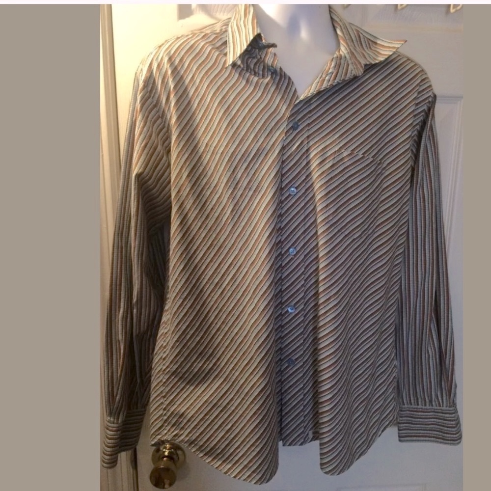 TED BAKER Plaid Striped Geo Button Down Shirt Classic Workwear Blue Brown Collar
